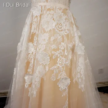 Iliuzija Tiulio Iškirpte Gėlių Nėrinių Vestuvių Suknelės Appliques Rankovių Linija, Šampano Spalvos Nuotakos Suknelė