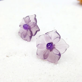 Is Bį Nekilnojamojo 925 Sterlingas Sidabro Gamtos Violetinė Crystal Gėlių Ametistas Stud Auskarai