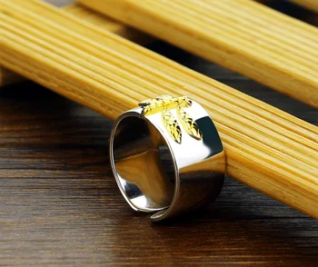 Naujas mados aukso dragonfly žiedas. moteris gryno sidabro platus žiedas.Galima reguliuoti dydį kietųjų 925 sidabro žiedas.Žavinga panele papuošalai