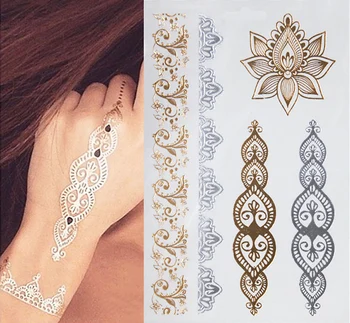 1PCS Naujas Indijos, arabų Dizaino Aukso, Sidabro Flash Genčių Chna Tatuiruotę Metali Laikinos Tatuiruotės lipdukas ant kūno pusės