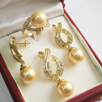Moterų Vestuvių Karšta! puikiai tinka naujų papuošalų + 12mm aukso shell perlų pakabukas, auskarai, , žiedas nustatyti nekilnojamojo sidabro papuošalai