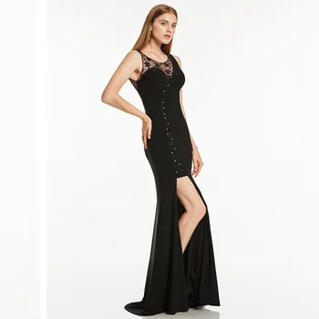 Tanpell padalinta priekiniai ilgą vakarinę suknelę juoda samtelis kaklo, rankovių grindų ilgio linija suknelė pigūs lady granulių oficialų vakare gown