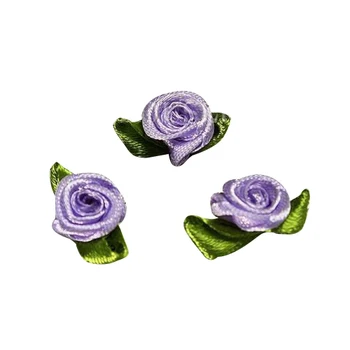 TFBC-100 Vnt Mini Satino Kaspinu Rožių Gėlių Lapų Vestuvių Dekoro Appliques Siuvimo DIY Spalva:Violetinė