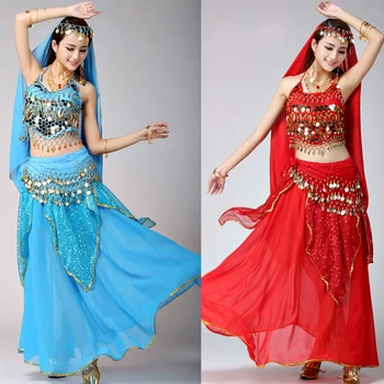 4pcs nustato Veiklos Suaugusiųjų Pilvo Šokio Kostiumų Komplektai Bolivudas Čigonų Kostiumai Moterims Pilvo Šokių Suknelė Indija Egiptas Dancewear