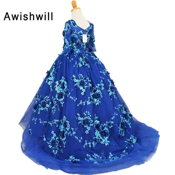 Fotografija 2018 Merginos Inscenizacija Suknelės Su Puse Rankovėmis Mėlyna Kamuolys Suknelė Appliques Tiulio Gėlių Mergaičių Suknelės Mergaitės