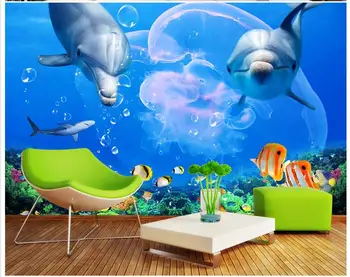 3D tapetai sienų freskomis užsakymą nuotrauką freskos sienos popieriaus Delfinų baltasis ryklys povandeninį pasaulį televizijos fone, sienų dekoras