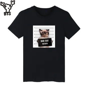 BTS Bad Cat Tee Marškinėliai trumpomis Rankovėmis Juokingas Nusikaltimas Katė T-marškinėliai Vyrams, T Marškiniai Vasaros Populiariausių Nusikaltimų Nuotraukos Katės Atsitiktinis Baltos spalvos Marškinėlius