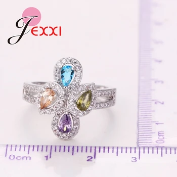 JEXXI 1pcs Mados Moterų Coloroized Kristalų Žiedai Žavinga Kompleksinio Projekto Cubiz Cirkonis Merginos 925 Sterlingas Sidabro Žiedas Papuošalų Panele