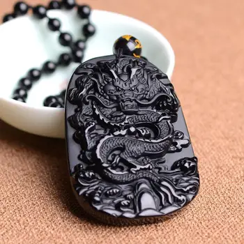 Juodasis Obsidianas Raižyti Dragon Pasisekė, Amuletai Ir Talismanai Natūralaus Akmens Pakabukas Su Nemokama Karoliukai Grandinės Vyrų Papuošalai