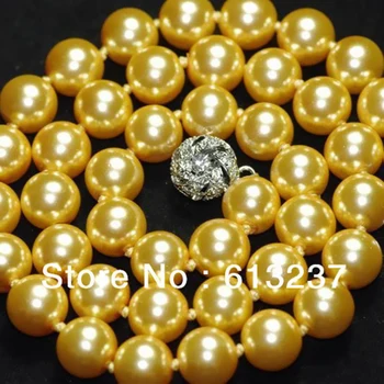 Naujai geltonas dirbtinis apvalios perlas 10mm žavinga korpuso granulių gražus užsegimas karoliai, papuošalai todėl apie 18 colių GE1046