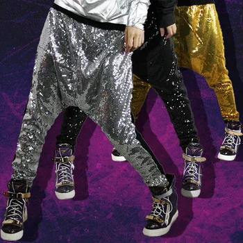 Naujas Mados Haremo Kelnės Moterims Bling didelis tarpkojo asmeninį hip-hop šokių scenos kostiumai metalo spalvos Džiazo kelnės