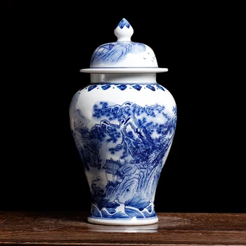 Kinijos Kraštovaizdžio Dizaino, Mėlynos Ir Baltos Spalvos Porceliano Keramikos Vaza Šventykla Imbieras Stiklainiai