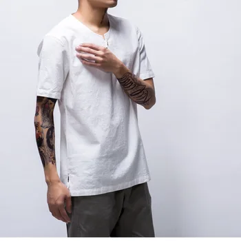 Vasaros 2018 mens lino marškinėliai Atsitiktinis Tiesiai Kietas Tees apvalios kaklo trumpomis Rankovėmis Mygtukai marškinėlius Vyrams Kinų stiliaus prekės ženklo viršų