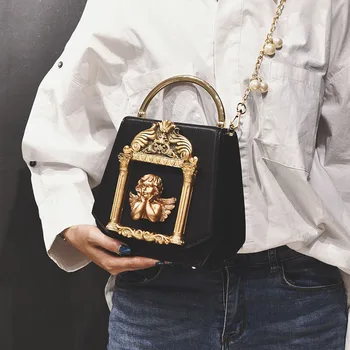 Derliaus Baroko angelas Kupidonas langelį formos pu odos pearl grandinės pečių maišą rankinės, šaliai, rankinės moterų crossbody krepšys