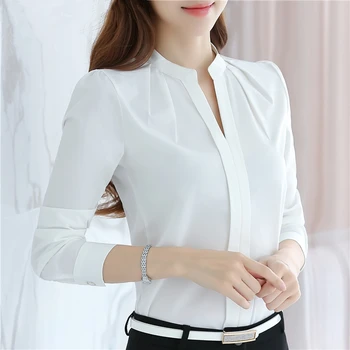 Šifono Palaidinė moterų darbo drabužiai office marškinėliai Slim ilgomis rankovėmis Balti marškinėliai Kieto spalvų Moterims Topai Moterų drabužiai
