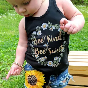 Vasarą Vaikams Baby Girl Sunsuit Drabužius Bamblys Berankovė Liemenė marškinėliai Topai+Gėlių Denim Džinsai, Šortai, Kelnės Nustatyti Drabužių Rinkinys 1-7Y