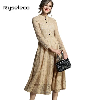 Ryseleco Mados Office Lady Gėlių Visiškai Lace A-Line Dresses Pavasario Ilgomis Rankovėmis Slim Tuščiaviduriai Iš Elegantiškais Midi Sūpynės Šalis Suknelė