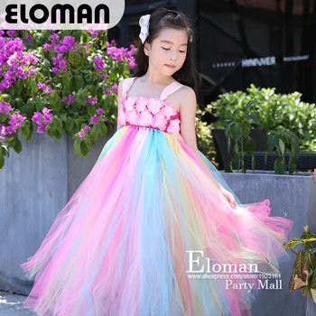 Eloman rankų darbo tutu suknelė mergina gimtadienio vakarėlio princesė vaivorykštė, gėlių mergaičių suknelės, vestuvių ir renginių šalys