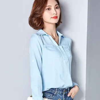 Iki 2017 m. Pavasario naują atvykimo office lady dėvėti paprastas laukinių medvilnės ir lino marškinėliai mėlynos spalvos marškinėliai topai moterų palaidinė 78i 30