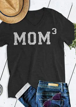 Mama 3 V-Kaklo Trumpomis Rankovėmis Tees 2018 Mados Kieto Juoda T-Shirt Moterims Trumpomis Rankovėmis Atsitiktinis Pavasario Šviesos Gary Pagrindinės Viršūnės