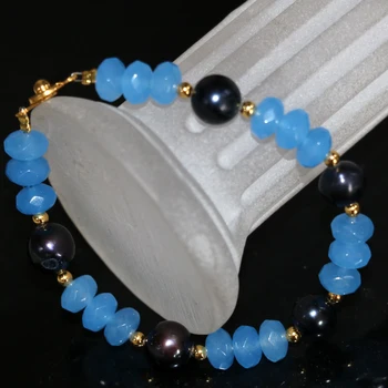 Originalus dizainas blue stone chalcedony vienas abacus 5*8mm granules, gamtos black pearl 8-9mm apyrankes moterims, papuošalai 7.5 colių B2959