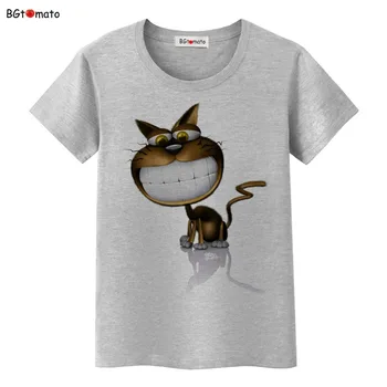BGtomato puikus besišypsantis veidas katė marškinėliai moteris animacinių filmų 3D didelis funny cat marškinėliai Prekės geros kokybės, patogūs minkšti marškinėliai