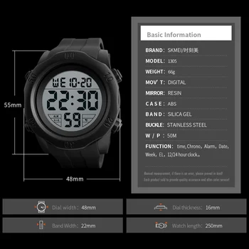 SKMEI Chronograph Sporto Laikrodžiai Vyrams Silikono Atgalinės atskaitos LED Skaitmeninio Laikrodžio Karinės Vandeniui Laikrodžius Žadintuvas Vyrų 1305