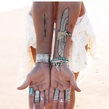Metalo, aukso, sidabro tatuiruotės, Laikinos tatuiruotės aukso tatuiruotė Mandala Indijos stiliaus karoliai, apyrankės metalo moterų flash tatuiruotė