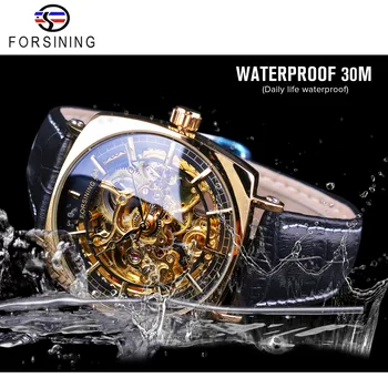 Forsining 2018 Kūrybos Žiūrėti Vandeniui Prabanga Aukso Skeletas Mechaniniai Laikrodžiai Juodos Natūralios Odos Vyrai Laikrodžiai Laikrodis