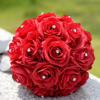 Kyunovia Šilko Rožė Pamergės Puokštė Dirbtinių Gėlių Puokštės su Cirkonio Puošmena Gėlės Raudona Vestuvių Puokštė FE50