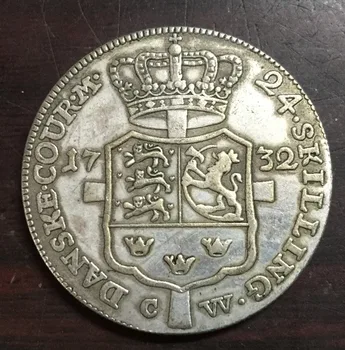 1732 m. Danija 24 įgūdžius, dANSK -Krikščionių VI Sidabro monetos Kopija