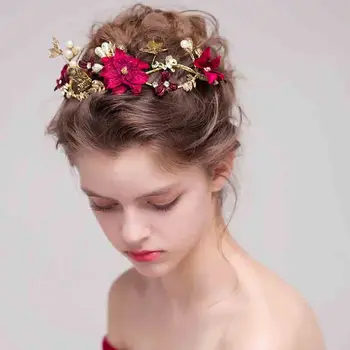 Nuotakos Headpieces Vestuvių Lankelis Raudona Spalva Imituojamas Pearl Gėlių Princesė Plaukų Vynuogių Šukuosena Perlų Vestuvių Plaukų Aksesuarai