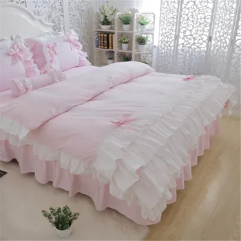 Naujas prabangus sluoksnių patalynės komplektas saldus princesė lankas pynimas antklode padengti vestuvių patalynė rožinės spalvos paklode mergina kūdikių lova sijonas padengti