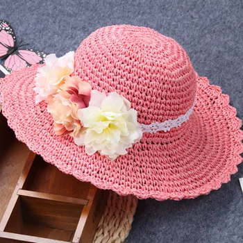 Nauja vasaros vaikų šiaudų skrybėlę vasarą didelių bžūp gėlių šiaudų skrybėlę vaikų atspalvį paplūdimio bžūp banga pusėje 2mz41