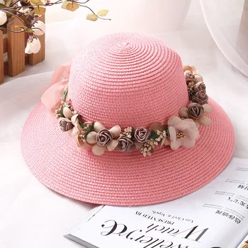 Iki 2017 m. Vasaros naują Rankų darbo gėlių šiaudų skrybėlę moterų Girliandą sunbonnet kibiro kepurę hem paplūdimio bžūp saulės kepurės moterims