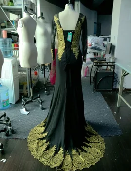 Juodojo Aukso Nėrinių Ilgai Undinė Vakaro Suknelės 2016 ilgomis Rankovėmis Chalatas De Soiree Juostelės Nėrinių Prom Šalis Suknelės Realios Foto XU040