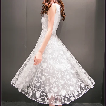 2018 Maxi Vasaros Gėlių Spausdinti Moterų Suknelė Naują Ilgai Organza dieną Suknelė Vestidos De Festa Satino Mados stilius balta moterų suknelės