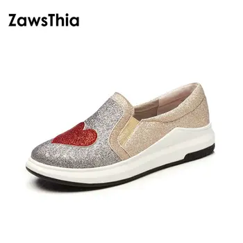 ZawsThia 2018 naujas PU lakinės odos blizgučiai bling moterų mokasīni, pavasarį, rudenį mados mergaičių paslysti ant plokščios platformos batai su širdies