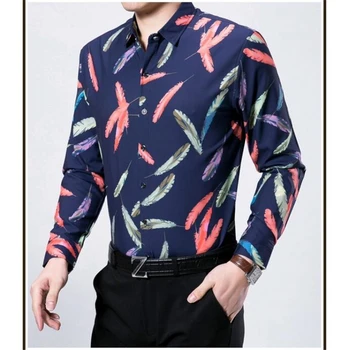 Spalvotų plunksnų spausdinimo mados boutique ilgomis rankovėmis marškinėliai Pavasarį ir Rudenį 2017 Naujas mercerized medvilnės kokybę vyrų marškinėliai, M-XXXL