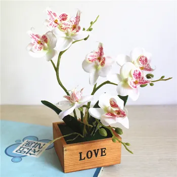 1x Drugelių Orchidėja, Vazoninių Augalų Rinkinys Dirbtinių Gėlių Bonsai Plastikinių Gėlių Filialas Medinis Vazonas Vestuvių Sode Dekoras