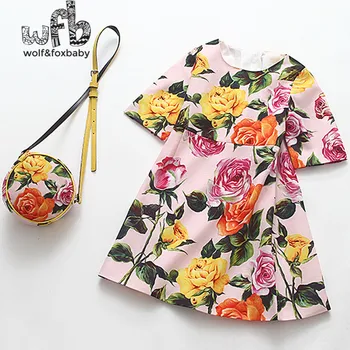 Mažmeninės prekybos 2-8 metų short-sleeve mergina spausdinti suknelė + maišelį gėlių vaikų vasaros