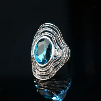 Kinel Prabangių Senovinių Mėlyno Stiklo Žiedas Bižuterijos Spalvos Senovės Sidabro Žiedus Moterys Naujųjų Metų Dovana Kristalų