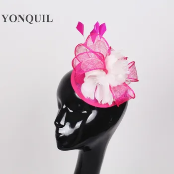 Pavasario fascinator plaukų aksesuarai sinamay bazė su plunksna gėlių vestuvių skrybėlę nuotakos galvos apdangalai kokteilis skrybėlės šalies headpieces