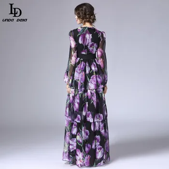 LD LINDA DELLA Naujas Mados 2016 kilimo ir tūpimo Tako Maxi Suknelė Moterų ilgomis Rankovėmis Derliaus Pakopų Tulip Gėlių Spausdinti Ilga Suknelė