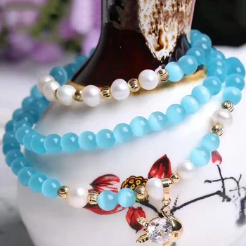 Didmeninė Mėlyna Gamtos Katės Akies Akmens Apyrankės 6mm Granulių Su Perlų Moterų Mergina Originalus Dizainas Kristalų Rankų string Papuošalai