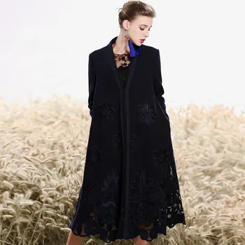 High-end žiemos tranšėjos paltai moterims derliaus Elegantiškas Gėlių vilnos, siuvinėjimo prarasti lady blue Kalėdų paltas moteriška M-XXXL