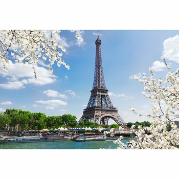 Allenjoy fotografijos fone Eifelio Kelionė per Senos upę pavasario medis, Paryžius, Prancūzija fantazijos fonas fotografijai photocall