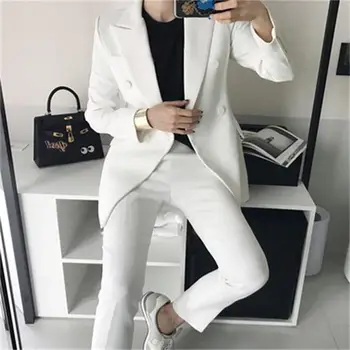 Moteriški drabužiai mados atsitiktinis tinka rinkiniai / Moterų verslo kailis vientisos spalvos dvigubas mygtukas kostiumas, sportiniai švarkai (bleizeriai)+kelnės kelnės Nustatyti T621