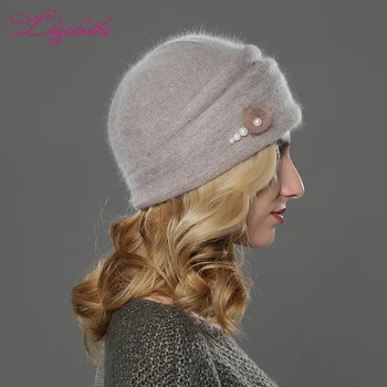 LILIYABAIHE NAUJĄ Stilių Moterų žiemos Beanies megzti skrybėlę angoros vilnos kepurės Mink kamuolius ir perlų apdaila bžūp Dvigubą šiltą kepurę