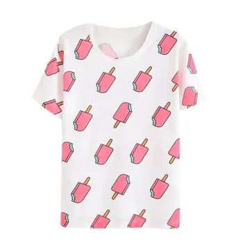 Moterų marškinėliai 2017 m. Vasaros Moterų Ledų Spausdinti Mielas Plonas Trumpas Rankovės Mergina T-Shirts O-Kaklo Viršūnes Tees blusa